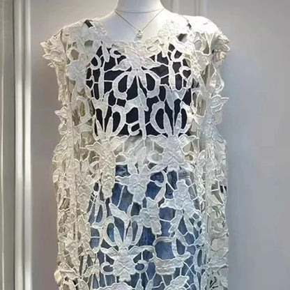 [EWQ] Chic belle Robe européenne à la mode femmes vêtements crochet à motifs découpe Robe sans manches Robe noire 2025 été nouveau