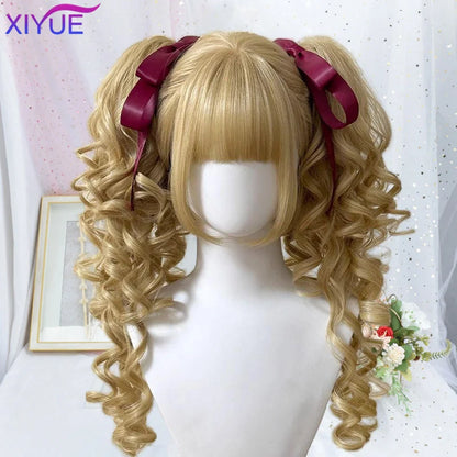 Perruque Lolita synthétique coupe princesse avec double queue de cheval et frange pour fille, couleurs ombrées blond marron blanc gris, pour Cosplay Halloween Harajuku