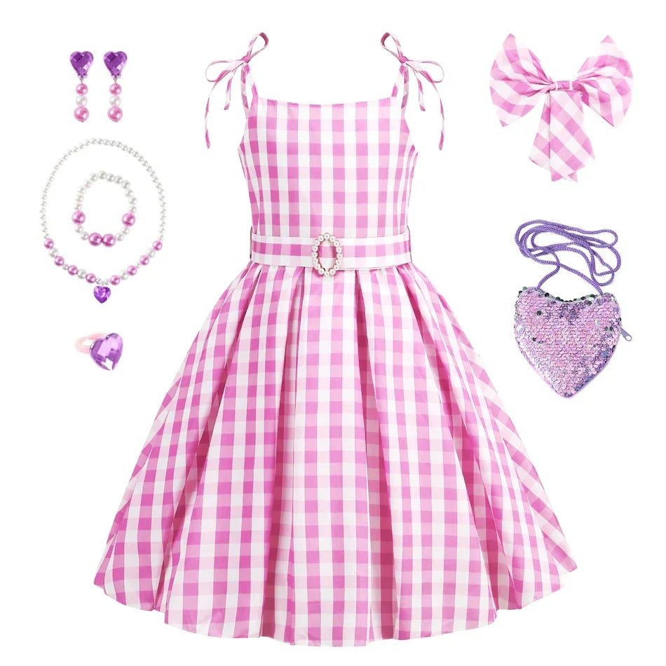 Costume de Cowgirl Robe de Fille Princesse Cosplay Costume Rose à Carreaux Tenue de Plage Anniversaire Halloween Fête Robe pour Enfants