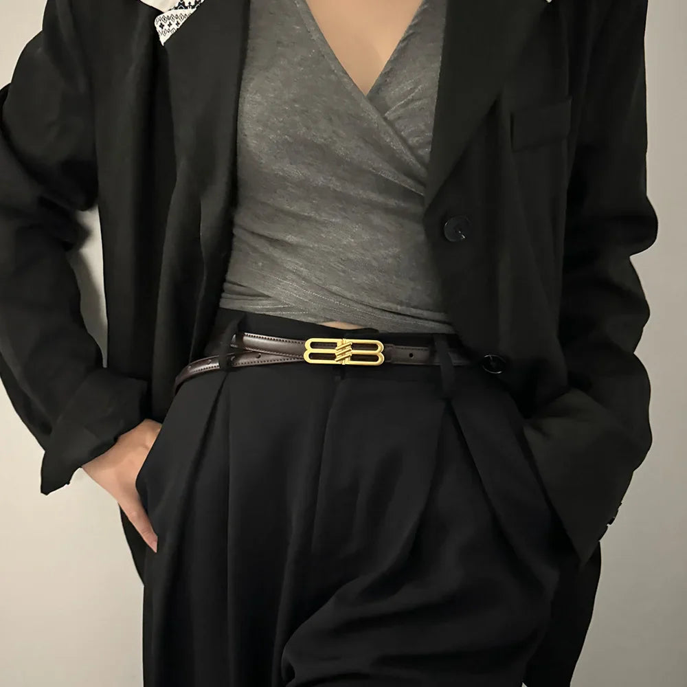 Women's genuine cowhide leather belt, luxury bb bucket, elegant design, denim belt, thin belt