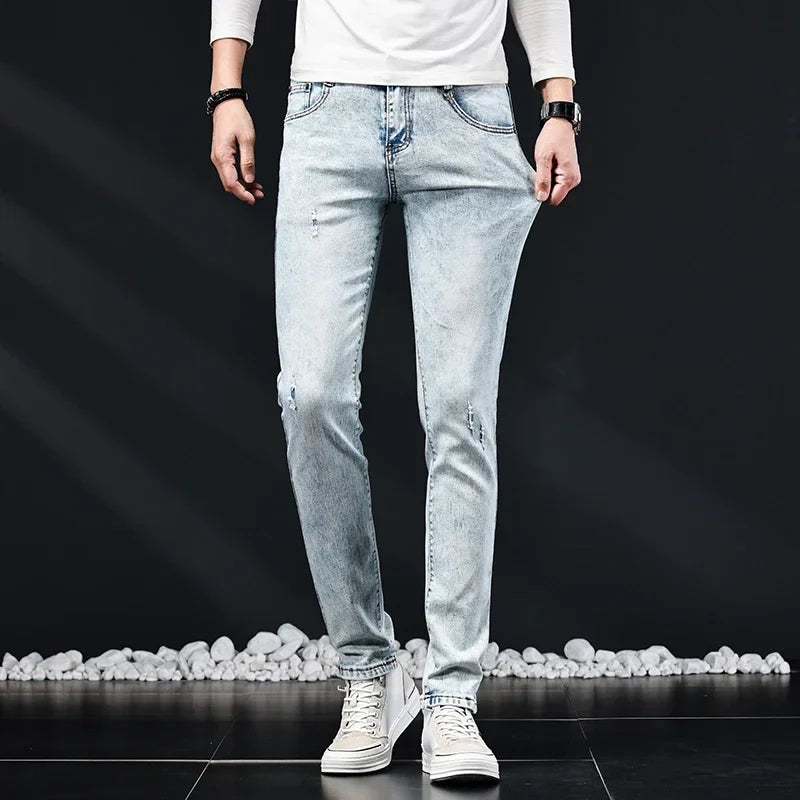 2024 New Skinny Jeans Men Vintage Fashion Snowflake Washed Classic Slim Skinny Elastic Male Casual Denim Trousers
