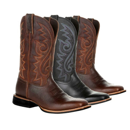 Bottes de cowboy Western pour hommes Noir Marron PU Cuir Bottes Rétro Hommes Rading Bottes Hommes Brodé Mi-Mollet Moto Bottes Taille 48