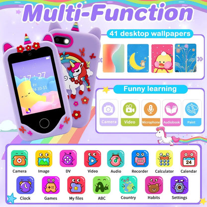 Téléphone intelligent pour enfants Filles Garçons Jouets Téléphone portable Double appareil photo Lecteur de musique 17 jeux Téléphone d'apprentissage pour tout-petits Cadeaux d'anniversaire