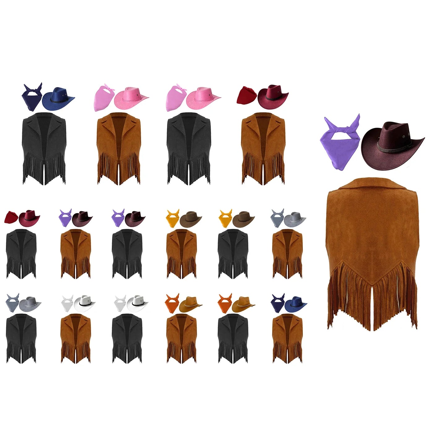 Costume de cosplay pour filles, cow-girl western, gilet en daim rétro à franges, ouvert sur le devant, avec bandana, foulard et chapeau pour Halloween et le carnaval