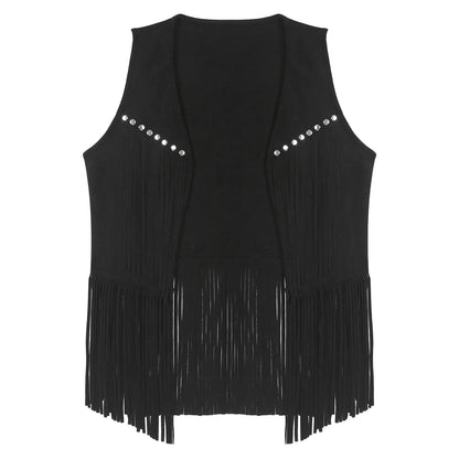 Men Halloween Western Cowboy Cosplay Costume Faux Suede Tassel Rivets Vest Waistcoat Motorcycling Rave Party Nightclub Outerwear