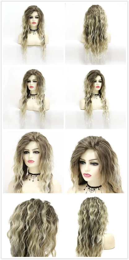 Perruque blonde bouclée cheveux synthétiques longs naturels perruques ondulées pour femmes blanches, raie libre, racines foncées, perruques ombrées, perruque ondulée tendance + autocollants