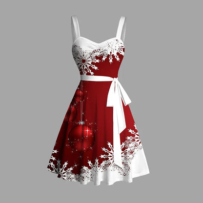 Women's Plaid Christmas Party Dress, Snowflake Print, Fiber Dress, Sweetheart Neck, Christmas Dresses, New, Educational, 2024