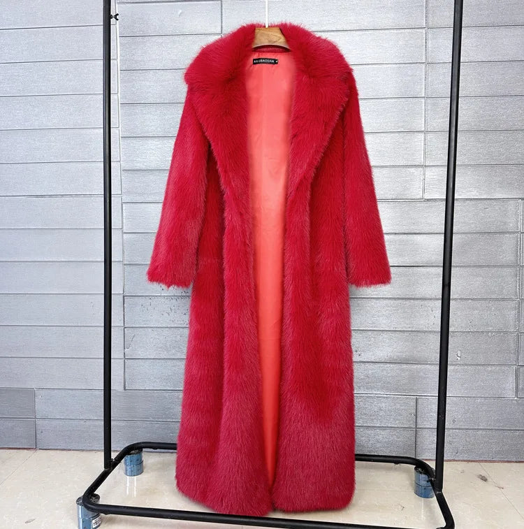 Manteau long en fausse fourrure pour femmes, automne hiver, grande taille, col rabattu blanc, poches, épais et chaud, manteau long maxi