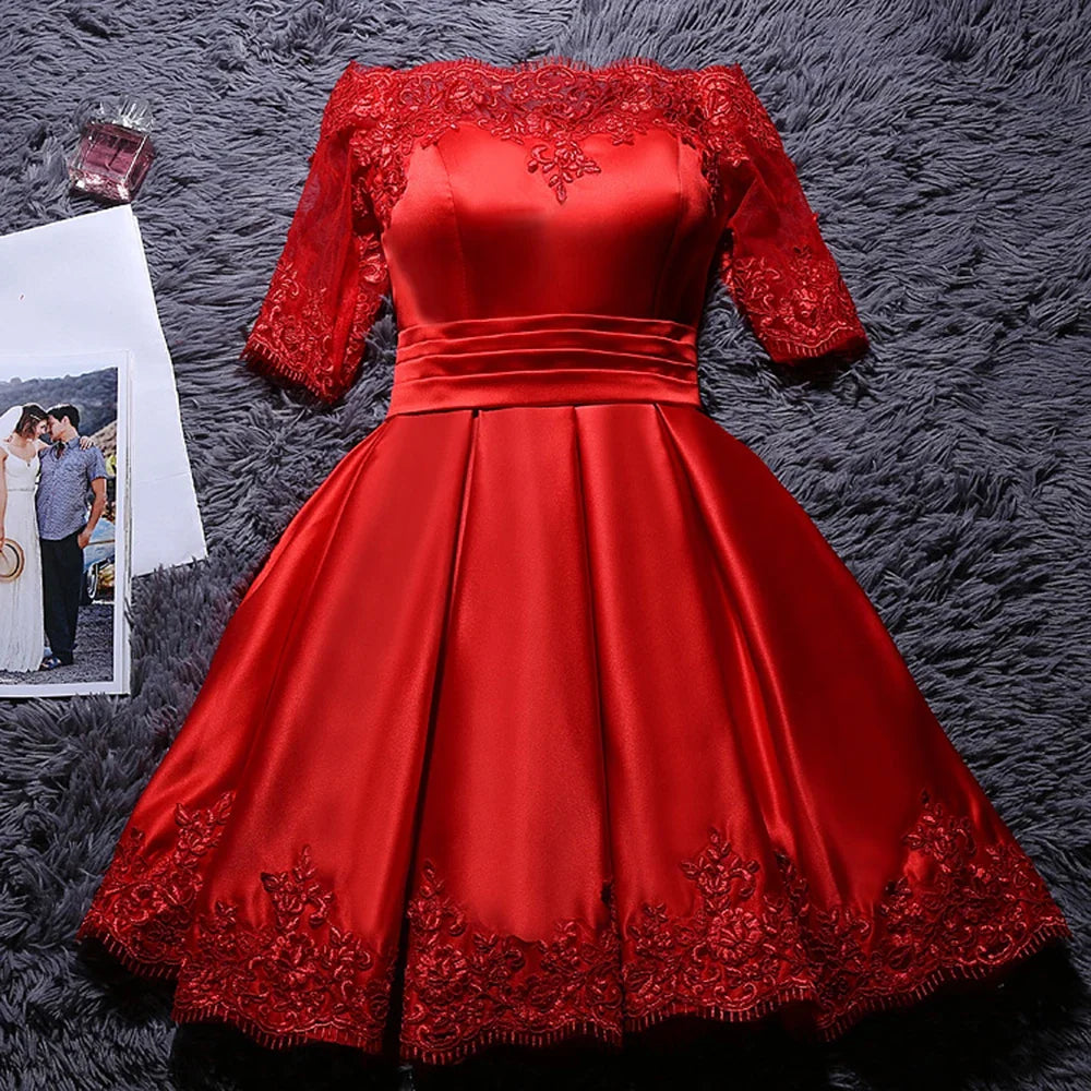 Élégantes robes de soirée épaules dénudées courtes en satin ligne A robe de cocktail avec demi-manches robe de soirée robes de bal