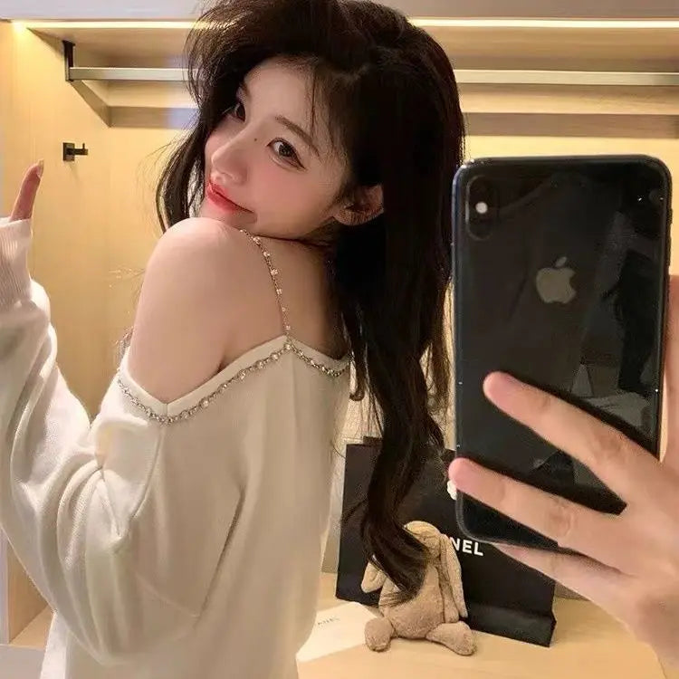 Sweater Mujer Sexy Off Shoulder Knitted Long Sleeve Pullover Femme Autumn Vintage Chandails White Black Top Women Thin Sweater
