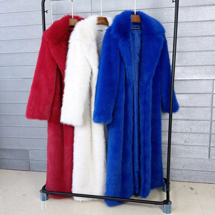Manteau long en fausse fourrure pour femmes, automne hiver, grande taille, col rabattu blanc, poches, épais et chaud, manteau long maxi