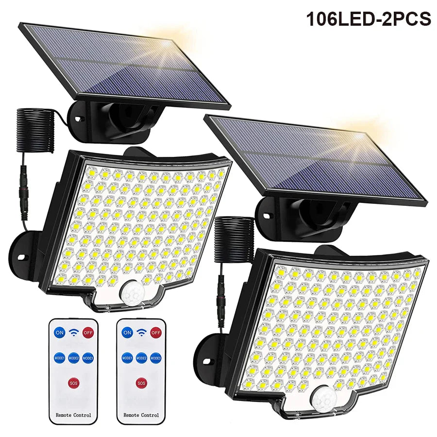 Lumières d'inondation solaires extérieures 106/318 LED lumières de mouvement solaires lumières de sécurité solaires à distance appliques murales étanche 3 Modes jardin