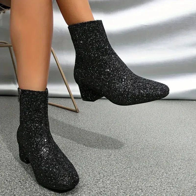 Bottes Courtes Femme Luxe Extérieur Designer Paillettes Bout Rond Chaussures de Soirée pour Femme Bottes à Talon Épais à Paillettes et Fermeture Éclair Femme