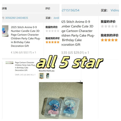 2025 Stitch Anime 0-9 Number Candle Cute 3D Page Cartoon Character Children Party Cake Plug-in Birthday Cake Decoration Gift