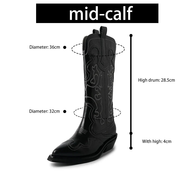 Bottes de cowboy Western Ods pour femmes en cuir véritable brodé, bout pointu, mi-mollet, style rétro, décontractées, de haute qualité