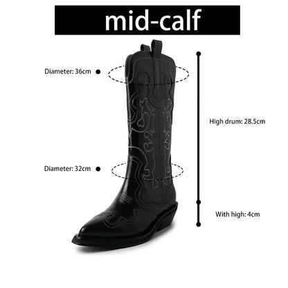Bottes de cowboy Western Ods pour femmes en cuir véritable brodé, bout pointu, mi-mollet, style rétro, décontractées, de haute qualité