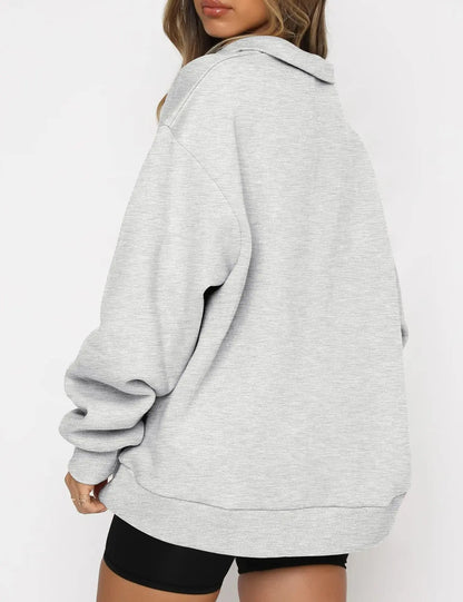 Women Sweatshirts Turn Down Collar Zipper Pullovers Long Sleeve Spliced Thick Warm Sweatshirt Outwear Autumn Winter 2024