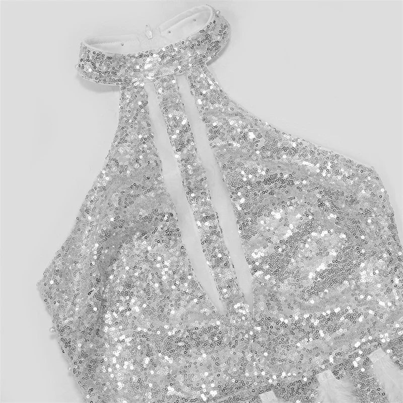 Sexy Glitter Sequins Birthday Dress Women Nightclub Party Halter Backless Feathers Sleeveless Prom Cocktail Short Dresses Robe