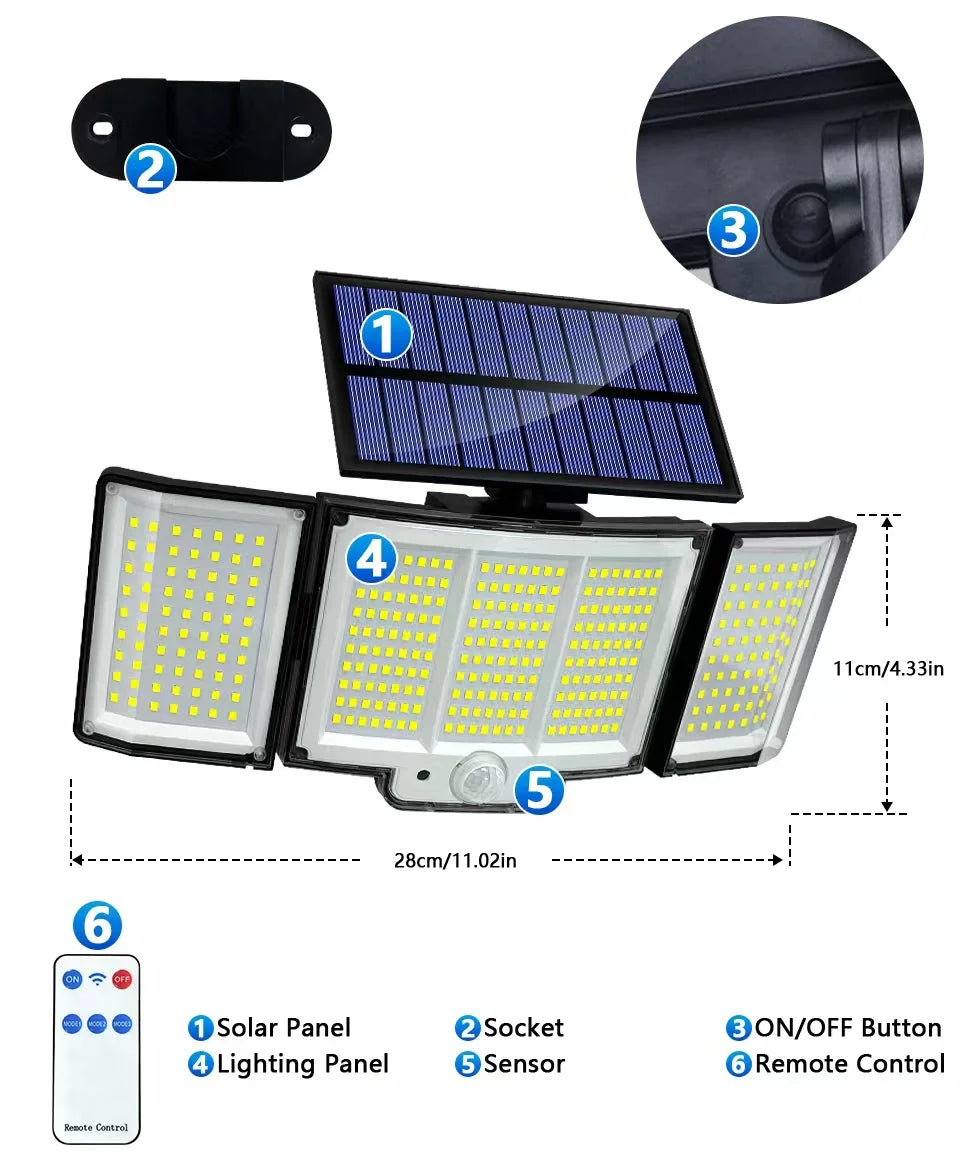 Lumières d'inondation solaires extérieures 106/318 LED lumières de mouvement solaires lumières de sécurité solaires à distance appliques murales étanche 3 Modes jardin