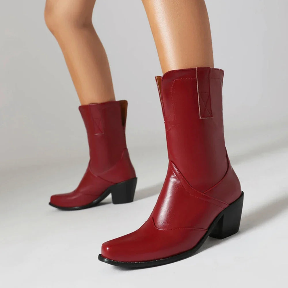 Bottes western rétro noires mi-mollet pour femme à talons épais gothiques, grandes tailles 34-48 777-11
