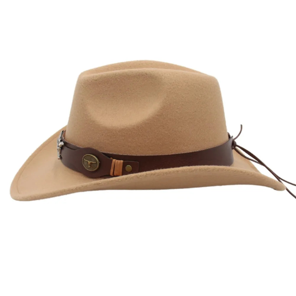 Chapeau de cowboy occidental en feutre pour femme, accessoires de tête de bœuf, bande vache, casquette de cow-girl à bord enroulé, style ethnique, style tibétain doux, chapeau haut de forme