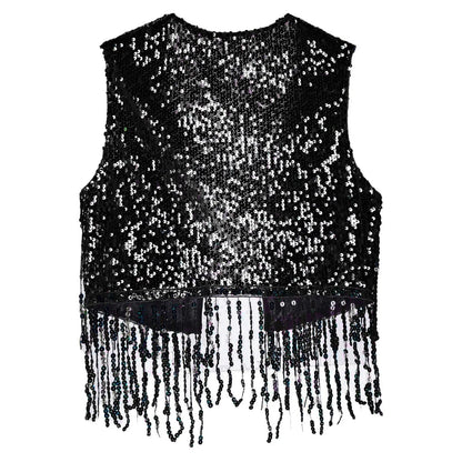 Mens Cowboy Western Costume Shiny Vintage 70s Disco Costumes Fringe Sequin Waistcoat Sleeveless Open Front Cropped Vest Cardigan
