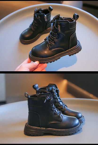 Kids Leather Chelsea Boots Waterproof Non-slip Autumn Winter Plush Warm Snow Boots Children Casual Sneakers Fashion Shoes Girls