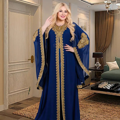 Abaya-Robes de soirée pour femmes, caftan musulman, manches évasées, robe brodée en dentelle dorée, trempée Jalabiya, Ramadan, ensemble de 2 pièces