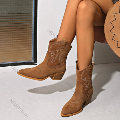 New Embroidered Pointed Toe Short Boots Shoes Autumn Chunky Heel Knight Boots Retro Slip on Western Cowboy Botas De Mujer 2025