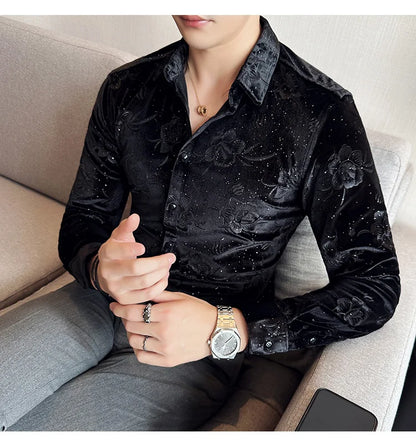 Men's Long Sleeve Velvet Flower Shirt New Luxury Printed Business Casual  Dress Shirts Formal Social Party Turn Down Collar Tops