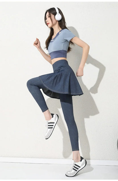 Women Cowboy Yoga Shark Skirts Pants Fake Two Piece Set Phone Pocket Sport Gym Running Leggings Tennis Outdoor Cycling Pants