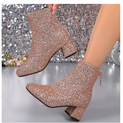 Bottes pour femmes 2024 Nouvelle mode Paillettes Bout rond Bottines femmes Automne Hiver Soirée Talons épais Chaussures pour femmes Botas De Mujer