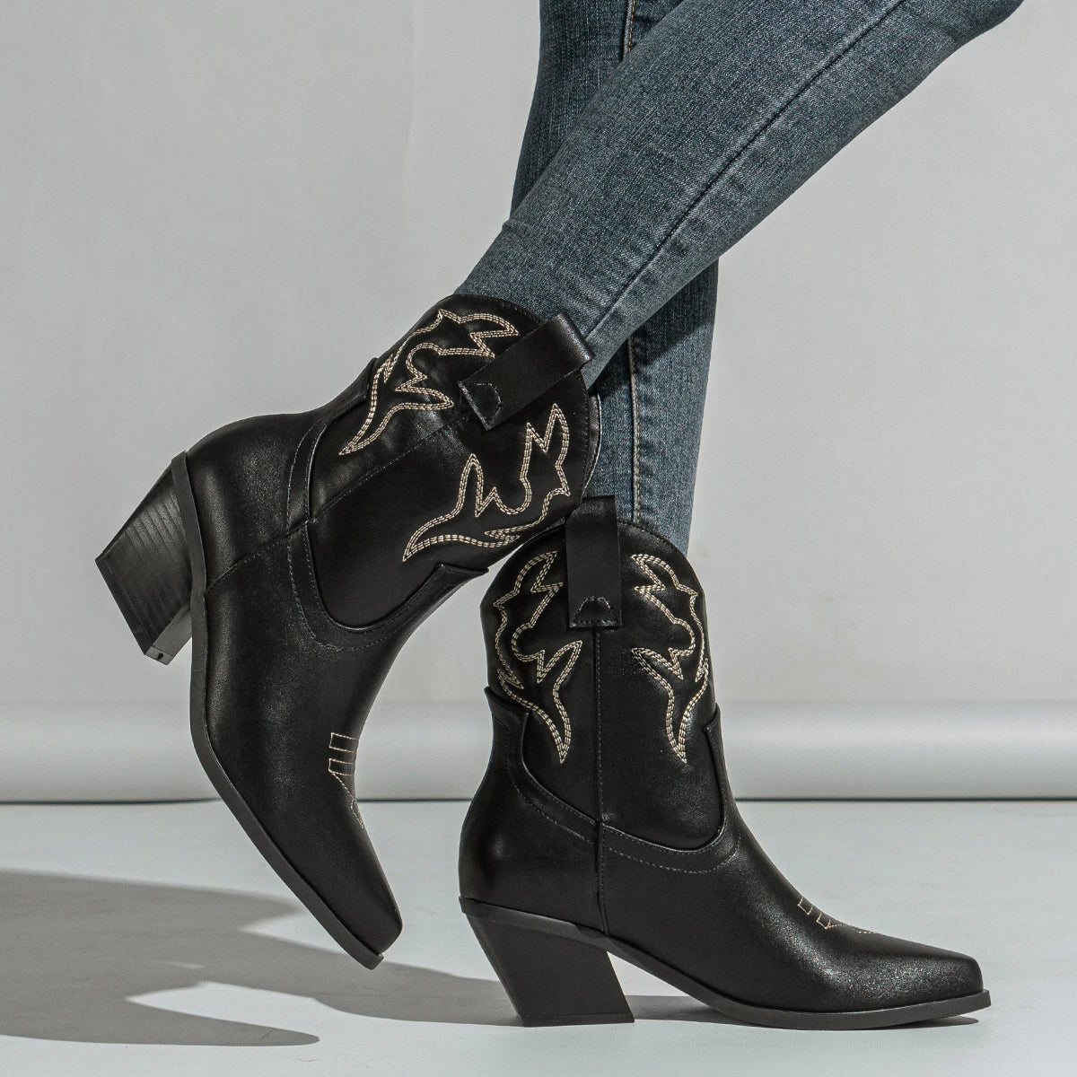 Aneikeh Autumn Winter Vintage Embroidered Large Western Cowboy Boots New Style Coarse Heel Pointed Ankle Barrel Knight Boots