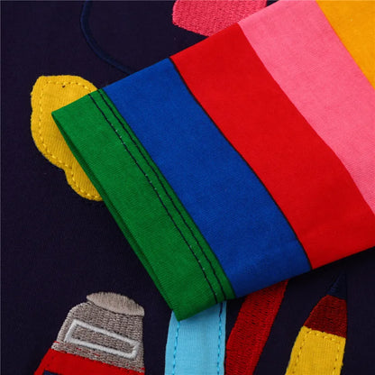 Jumping Meters Paint Brush Children's School Dresses With Pockets Pen Embroidery Long Sleeve Autumn Kids Preppy Style Dress
