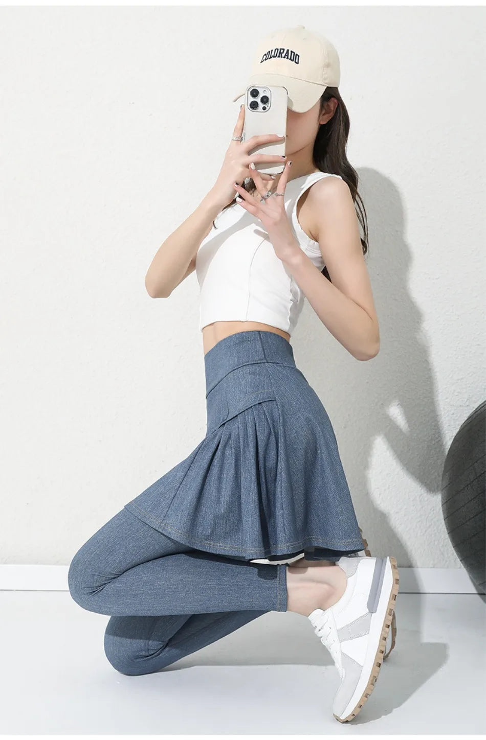 Women Cowboy Yoga Shark Skirts Pants Fake Two Piece Set Phone Pocket Sport Gym Running Leggings Tennis Outdoor Cycling Pants