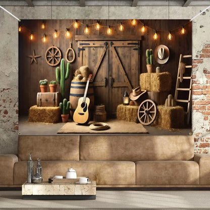 Western Party Backdrop Western Cowboy Party Decoration West Decor Wooden House Barn Photo Background for Birthday Wedding Supply