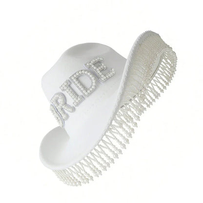 Cowgirl Hat for Bride Elegant Fringed Bead Hat Masquerade Party Letter Bride Hat Dropshipping