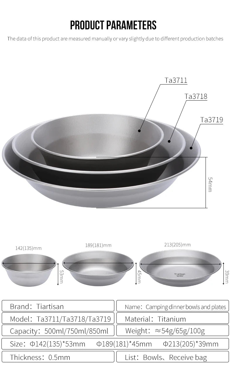 Tiartisan-Filles à repas de camping en titane, assiettes, ustensiles, randonnée en plein air, ultraléger, portable, empilable, plats à salade, ensemble de britware
