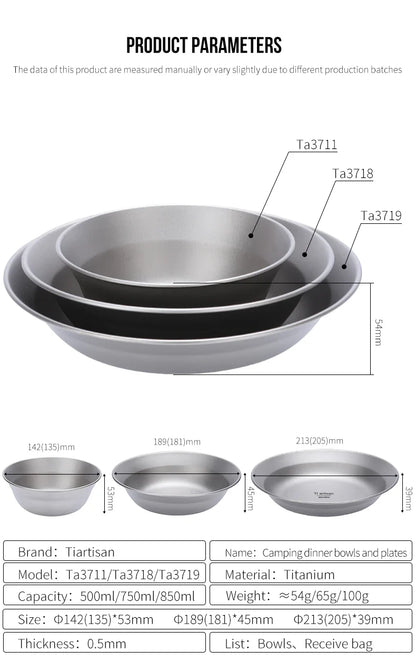 Tiartisan-Filles à repas de camping en titane, assiettes, ustensiles, randonnée en plein air, ultraléger, portable, empilable, plats à salade, ensemble de britware