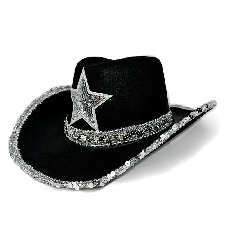 Chapeau de Cowboy Rose pour Femmes Filles Chapeau Western à Large Bord Chapeau à Paillettes Scintillantes pour Spectacle Costume de Cowgirl pour Fête de Mariage