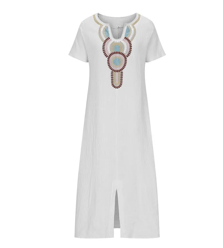 Embroidered Fashion O-Neck Short Sleeve Women Dresses Summer New Casual Unique Slit Dress Elegant Female Vacation Dress Robe