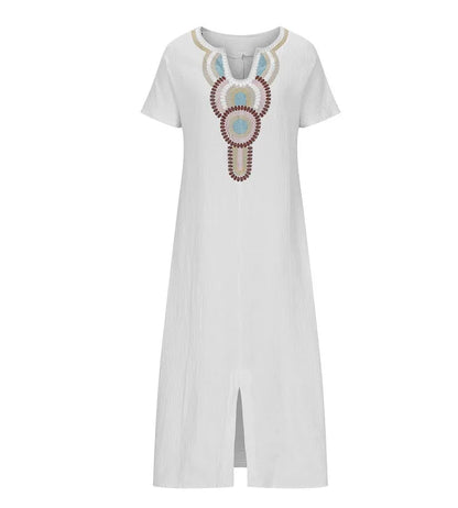 Embroidered Fashion O-Neck Short Sleeve Women Dresses Summer New Casual Unique Slit Dress Elegant Female Vacation Dress Robe