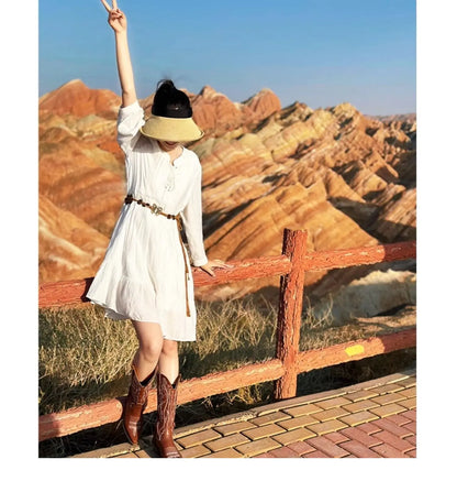 Women's boots genuine leather embroidery knee-length western cowboy boots high heels retro all-match knight fashion boots
