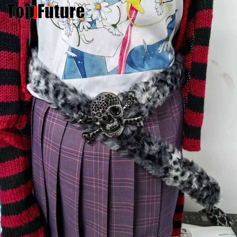 Y2K-Harajuku Western Cowboy Furry Snowleopard Punk Skull Belt, Gift for Women and Men, Girls