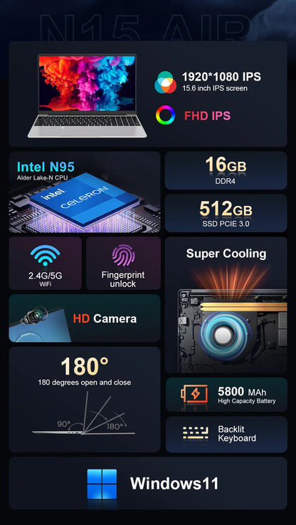 Ninkear Laptop N15 Air 15.6" FHD IPS 16GB DDR4 512GB SSD Intel N95 180° flip with Fingerprint Unlock Backlit Keyboard Windows 11
