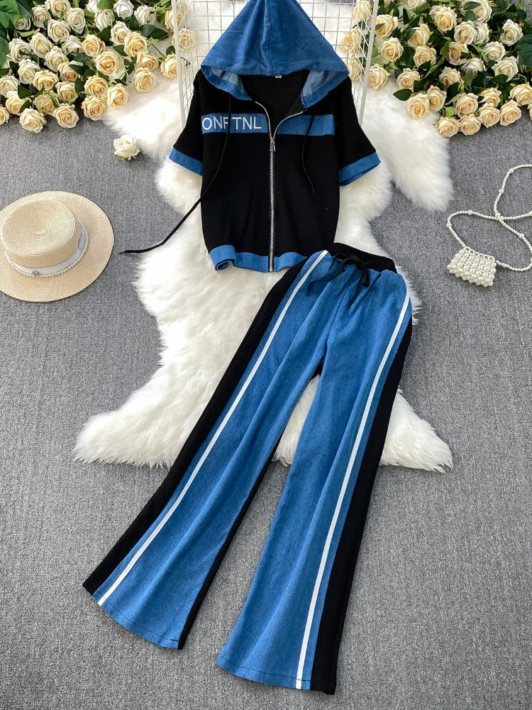 Cowboy patchwork hooded jacket fashionable sports suit women's summer 2025 new two-piece set popular age reducing pants