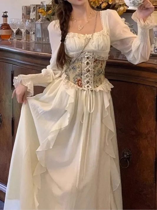 Robes mi-longues élégantes pour femmes, avec large ceinture Corset florale, à volants, Vintage français, Chic, Robe de soirée, anniversaire, bal