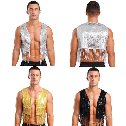 Mens Cowboy Western Costume Shiny Vintage 70s Disco Costumes Fringe Sequin Waistcoat Sleeveless Open Front Cropped Vest Cardigan