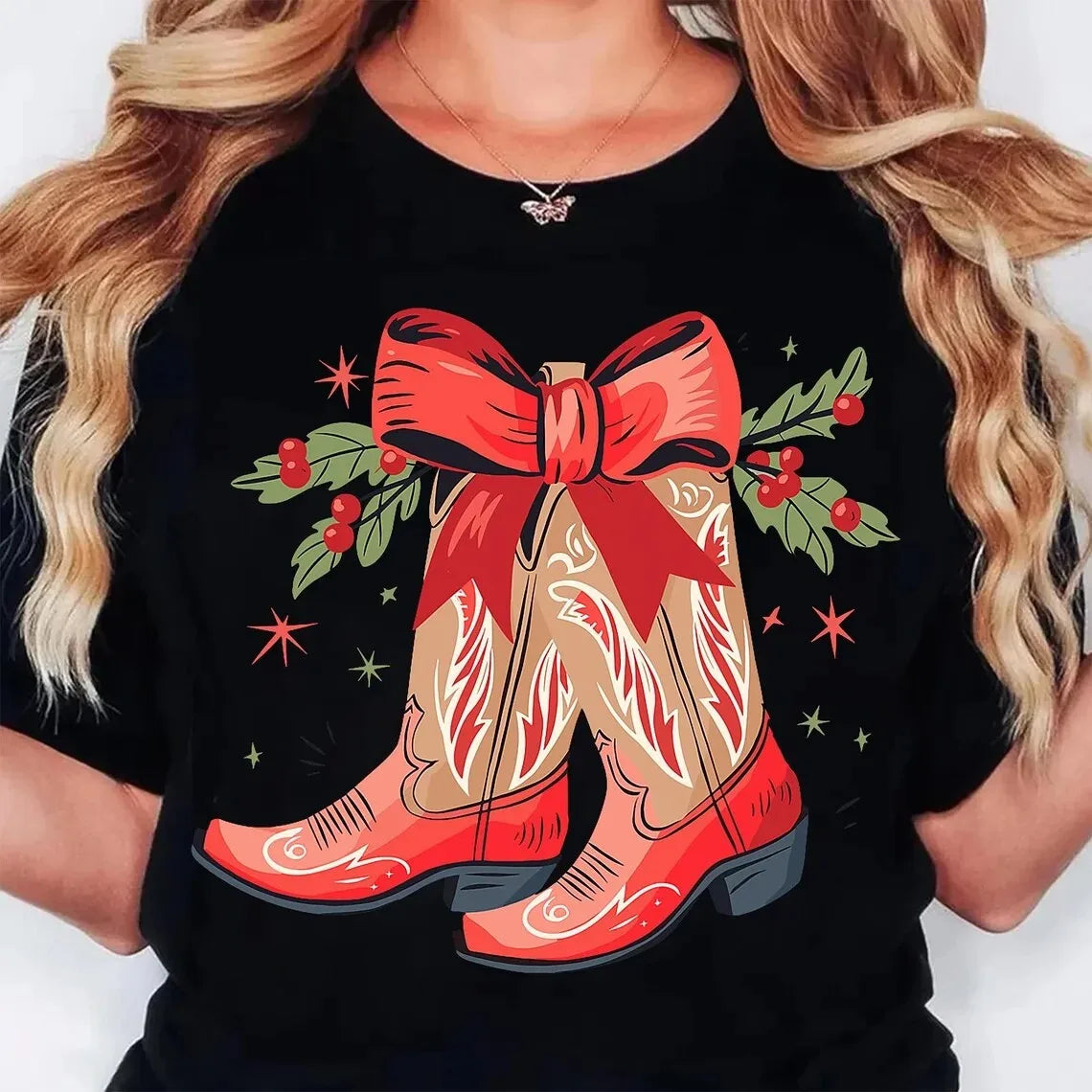 Bottes chemises de noël Western Cowgirl vacances t-shirt décontracté à manches courtes haut vêtements pour femmes dessin animé Streetwear Y2k vêtements