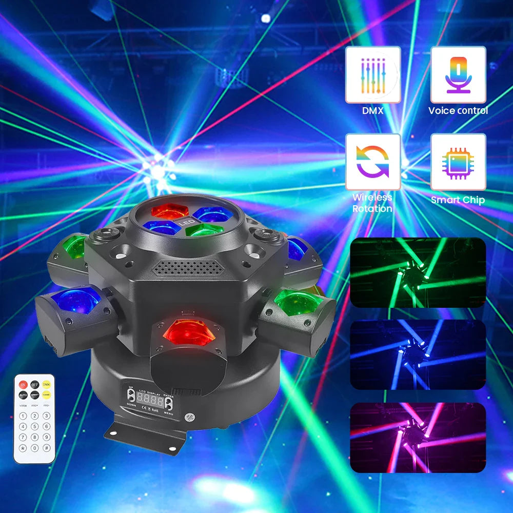 Projecteurs de scène à LED mobiles à 6 bras RGBW 150W Lyre Beam Lumières de fête avec télécommande Son DMX Disco DJ pour Karaoké Discothèque